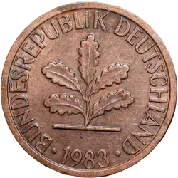 Bronze 1 Pfenning of Germany (AD 1983) with Oak Sapling