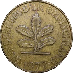 Brass 10 Pfenning of Germany (AD 1979) with Oak Sapling