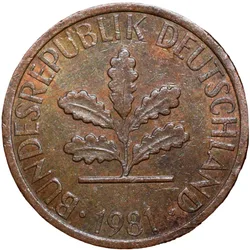 Bronze 1 Pfenning of Germany (AD 1981) with Oak Sapling