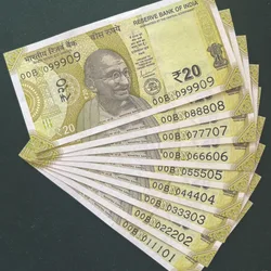 Rs 20/- India Banknote Semi Solid Set 00 Same Prefix 099909 To 011101 Gem Unc Unique and Rare