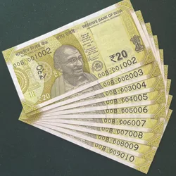 Rs 20/- India Banknote Semi Solid Set 00 Same Prefix 001002 To 009010 Gem Unc Unique and Rare