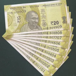 Rs 20 India Banknote Semi Solid Set 00 Same Prefix 009990 To 001110 Gem Unc Unique and Rare