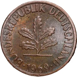 Bronze 1 Pfenning of Germany (AD 1969) with Oak Sapling