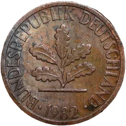 Bronze 1 Pfenning of Germany (AD 1982) with Oak Sapling