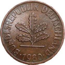 Bronze 2 Pfenning of Germany (AD 1980) with Oak Sapling