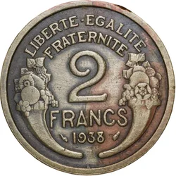 Old Brass 2 Francs of France Country (AD 1938) with Marianne's head left wearing a Phrygian cap