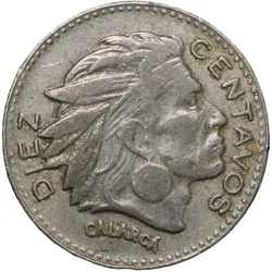 Old Copper-Nickel 10 Pesos of Colombia Country (AD 1964) with portrait of Indio Chief