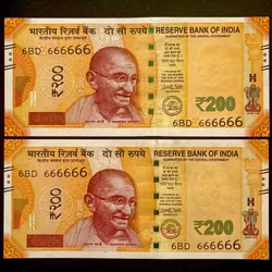 Rs 200 India Banknote Twin Set Super Solid 6BD 666666 Gem Unc Unique and Rare