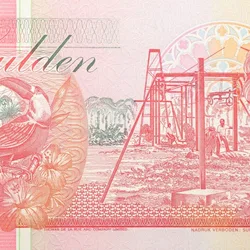 10 Gulden of Suriname Country (AD 1996) with Banana harvesting at center right & toucan at left