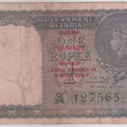 British India Burma Overprint 1 Rupee 1940 CE Jones Signature Very Fine Note #2