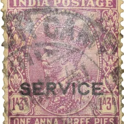 Postal Stamp of George V 1 Anna 3 Pies Purple Colour Service Over Printed in Black - Used Condition as per Image.