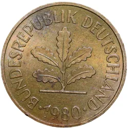 Brass 5 Pfenning of Germany (AD 1980) with Oak Sapling