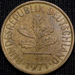 Brass 5 Pfenning of Germany (AD 1971) with Oak Sapling