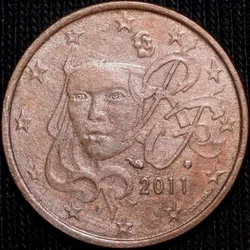 Bronze 5 Euro Cents of France (AD 2011) with feminine Marianne