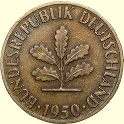 Old Brass 5 Pfenning of Germany (AD 1950) with Oak Sapling