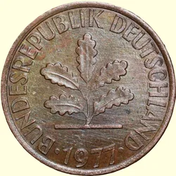 Bronze 1 Pfenning of Germany (AD 1977) with Oak Sapling