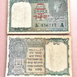 Re 1 British India Banknote 1940 Series Black Series King George VI Collectible Quality 456717 Burma Issue Unique and Rare