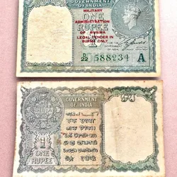 Re 1 British India Banknote 1940 Series Black Series King George VI Collectible Quality 588234 Burma Issue Unique and Rare Issue