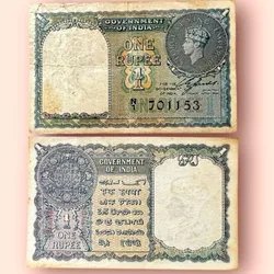 Re 1 British India Banknote 1940 Black Series King George VI Collectible Quality 701153 Burma Issue Unique and Rare Issue