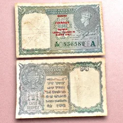 Re 1 British India Banknote 1940 Black Series King George VI Collectible Quality 536582 Burma OverPrint Unique and Rare Issue