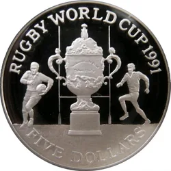 New Zealand 5 Dollars 1991 - Elizabeth II t; Rugby World Cup, Silver Proof Commemorative issue Rare Coin with Capsool #4646