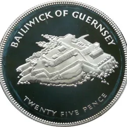 Guernsey 25 Pence 1977 - Elizabeth II Silver Jubilee; Silver Proof Commemorative issue Rare Coin with Capsool #4545
