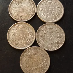King George Vl 5 Different years Years- 1/4₹ Complete Set Dates Details:- 1940/42/43/44 /45 Weight 2.9GM Each Original Gauarantee Excellent Condition. Same and similar piece available