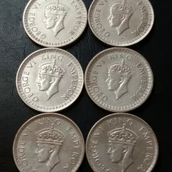 King George Vl 6 Different years Half 1/2 ₹ Complete Set Dates Details:- 1940/41/42/43/44 /45 Weight 6 GM Each Original Gauarantee Excellent Condition. Same and similar piece available