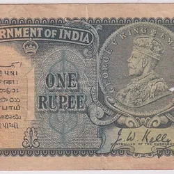 JW Kelly 1 Rupee Ex Rare Note 1935 of King george v Very fine