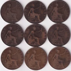 King EDward VII Penny 1902 to 1910 Nine Coins Collections set #1