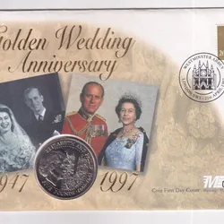 Guernsey 5 Pound 1997 Golden Wedding Anniversary - Ellizabeth and Philip - Coin First DAY Cover Mint Pack GEM UNC