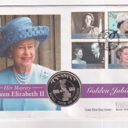 Falkland Island 50 Pence 2002 - Golden Jubilee HER Majesty Queen Elizabeth II- Commemorative Coin First DAY Cover Mint Pack GEM UNC