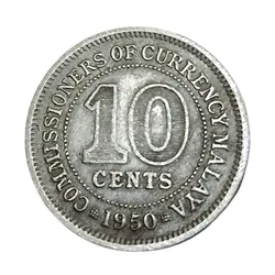 Commissioners of Currency Malaya Silver 10 Cents Year 1950 King George-VI in Collectable Grade.