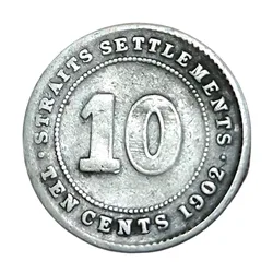 Straits Settlements Silver 10 Cents Year 1902 King Edward-VII **V. Scare** Collectable Grade.