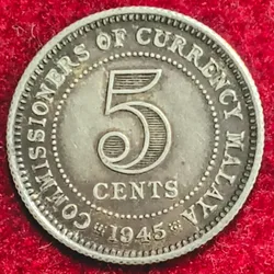 Malaya 5 Cents - 1945 Silver George VI Rare Coin #S-40