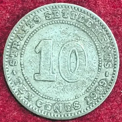 Straits Settlemcnt 10 Cent George V 1919 Silver Rare Coin #S-47