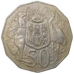 Copper-Nickel 50 Cents of Elizabeth II of Australia (AD 1978) with a red kangaroo (Macropus rufus) and an Emu (Dromaius novaehollandiae)