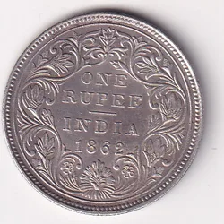 1862 One Rupees Victoria British India Silver UNC Extremely Rare Coin #63