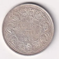 1874 One Rupees Victoria British India Silver Almost UNC Extremely Rare Coin #55