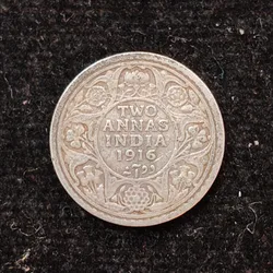British-India 2 Annas 1916 (George V) Rare Silver Coin#AA-134