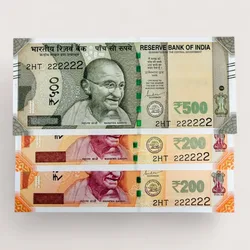 Rs 200 and 500 Ultra Unique Pair Set of Banknotes Same Number 2MT 222222 Gem UNC Unique and Rare