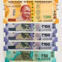 Rs 50 and 200 Ultra Unique Pair Set of Banknotes Same Number 2GM 222222 Gem UNC Unique and Rare