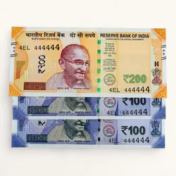 Rs 100 to 200 Ultra Unique Pair Set of Banknotes Same Number 4EL 444444 Gem UNC Unique and Rare
