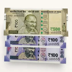 Rs 100 to 500 Ultra Unique Pair Set of Banknotes Same Number 5MQ 555555 Gem UNC Unique and Rare