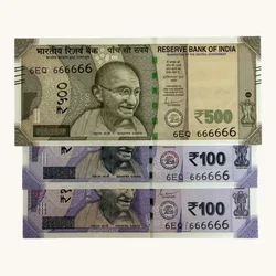 Rs 100 to 500 Ultra Unique Pair Set of Banknotes Same Number 6EQ 666666 Gem UNC Unique and Rare