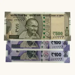 Rs 100 to 500 Ultra Unique Pair Set of Banknotes Same Number 7RC 777777 Gem UNC Unique and Rare