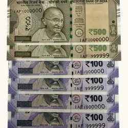 Rs 500 to 100 Ultra Unique Pair Set of Banknotes Same Number 1AF 999999 And 1000000 Gem UNC Unique and Rare