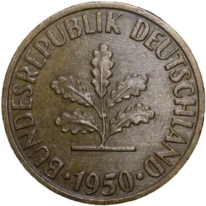Brass 10 Pfennig of Germany (AD 1950) with Oak Sapling