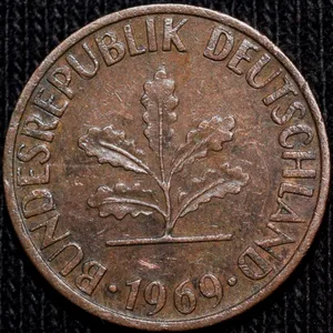 Bronze 1 Pfennig of Germany (AD 1969) with Oak Sapling