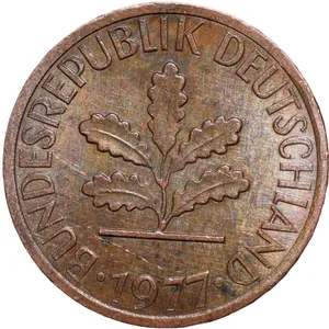 Bronze 1 Pfennig of Germany (AD 1977) with Oak Sapling